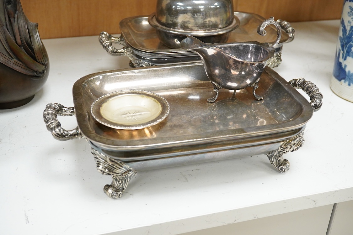 A pair of 19th century plated warming dishes- 36cm wide, a jug, a small plate and dish and cover, (5).